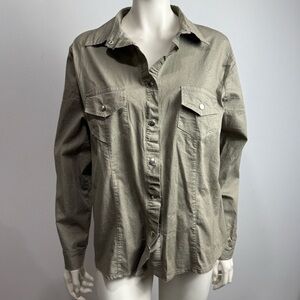 Ruffle Trim Button Down Top Khaki Green Long Sleeve Women’s X-Large